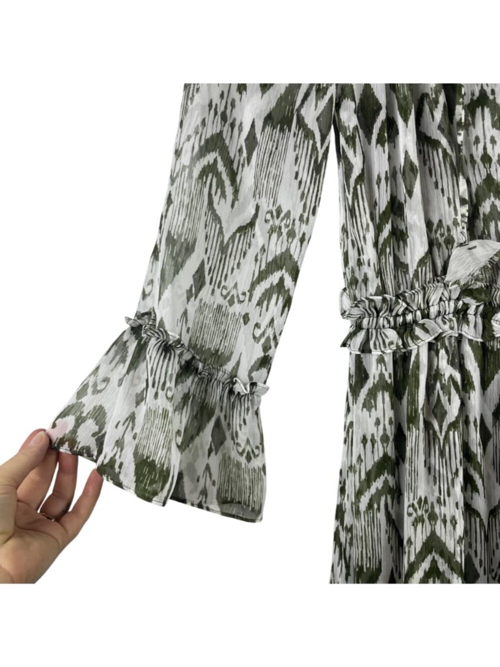 MISA Los Angeles Hadeya Green White Ikat Print Tiered Midi Dress Ruffles Small - Picture 5 of 13